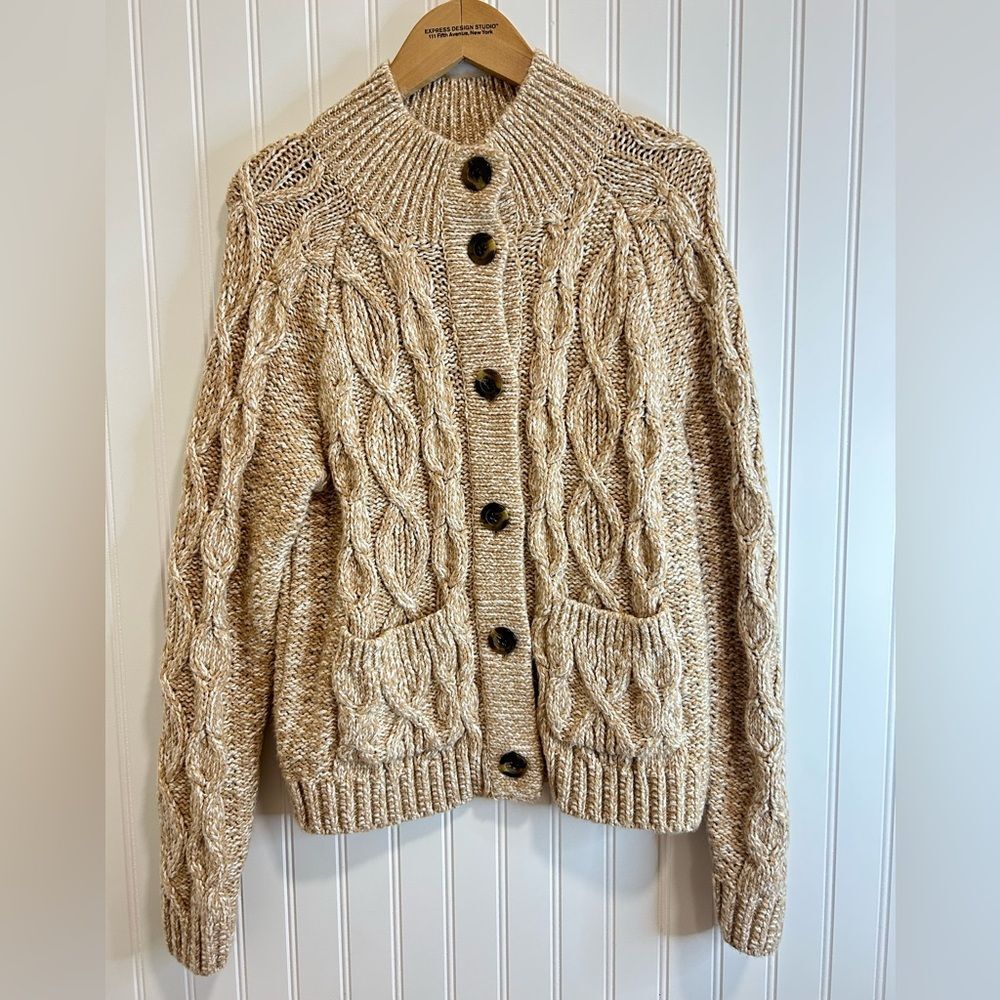 Talbots women  Tan Cable Knit coat size M Long sleeve winter .